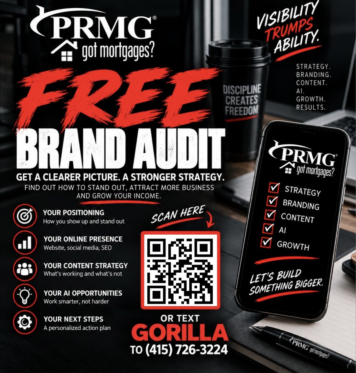 Got Mortgages and PRMG Free Brand Audit flyer: your positioning, online presence, content strategy, AI opportunities and next steps, with a QR code to start your free audit