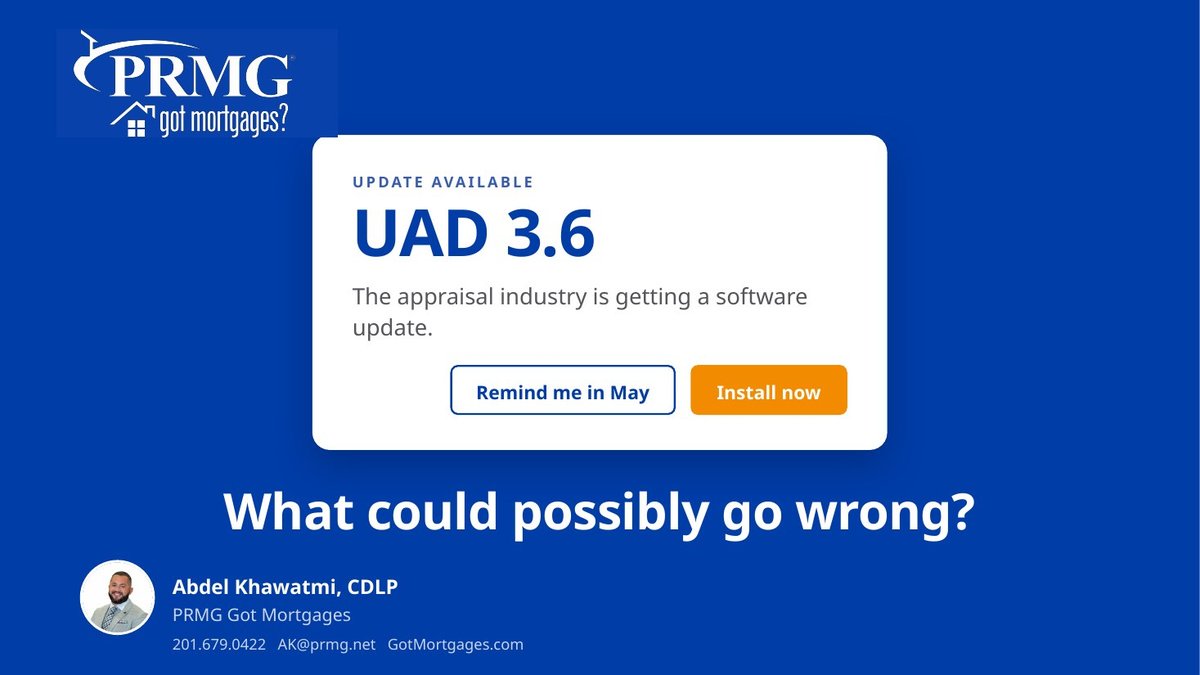 Cover of the Got Mortgages UAD 3.6 appraisal guide: an "Update available — UAD 3.6" software-style card on a navy background with the PRMG Got Mortgages logo.